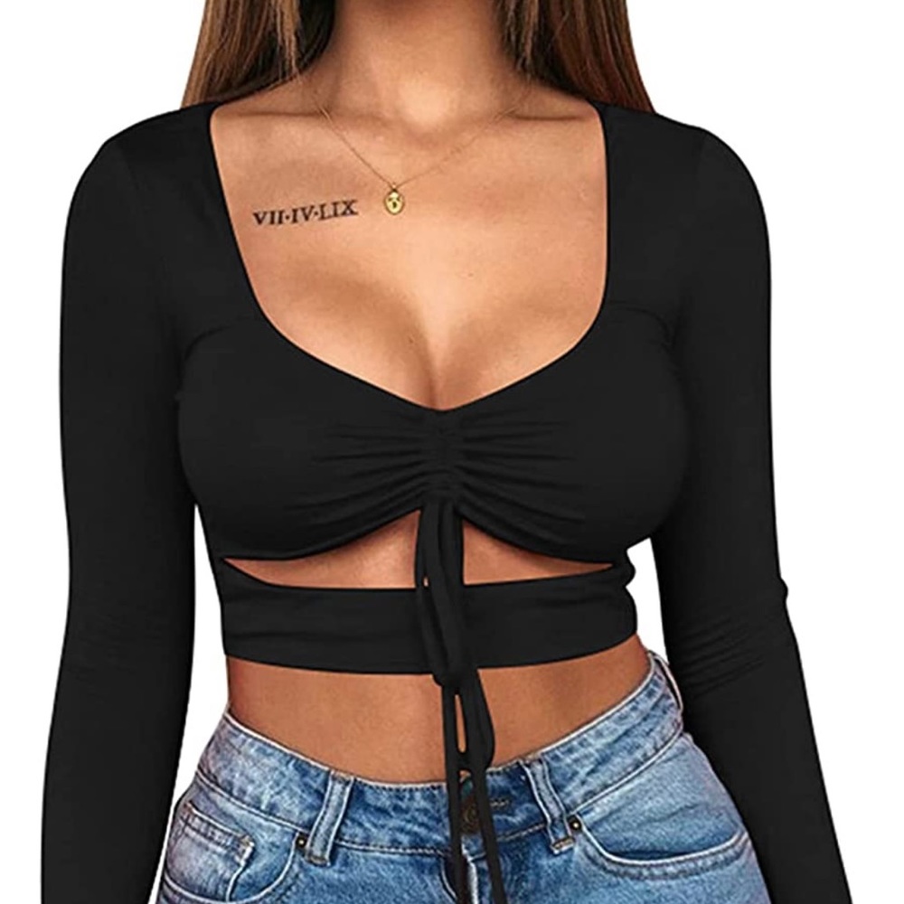 Black Long Sleeve Tie Crop Top